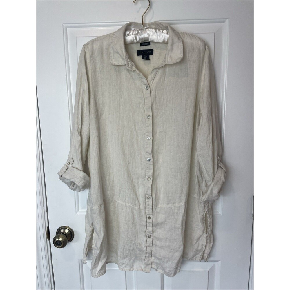Tahari White 100% Linen Button Down Tunic Shirt Long Sleeve Womens Medium